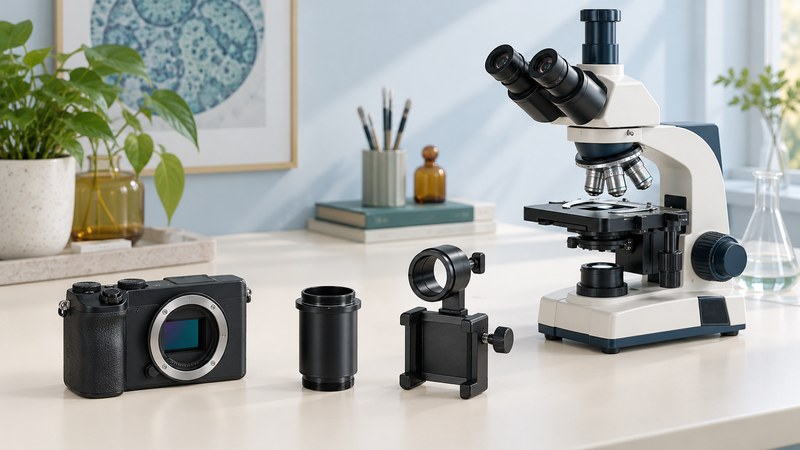 A camera body, cylindrical adapter and phone clamp sit separately beside a trinocular microscope.