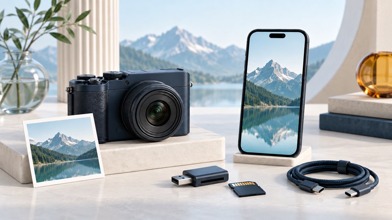 A camera, phone, memory card and photo print represent the path from taking a picture to keeping it.