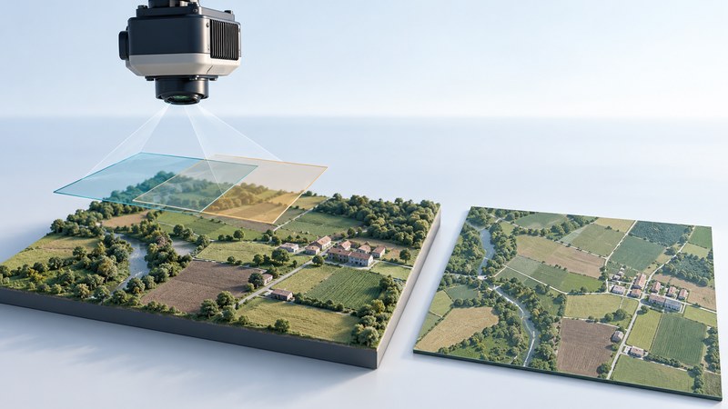 A conceptual aerial camera above overlapping image footprints and terrain, beside a flat map tile.