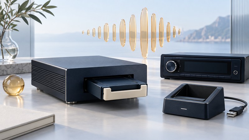 A conceptual car music unit and removable cartridge beside a USB cradle and radio receiver.