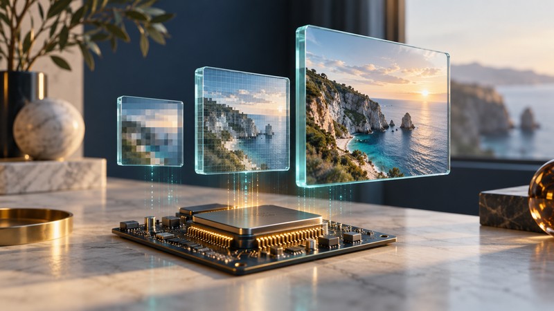 A conceptual processor on a circuit board beneath three translucent panels showing video images.