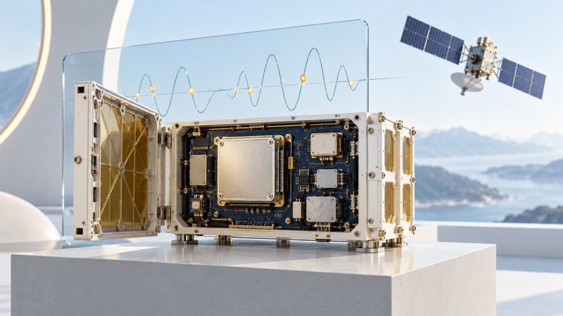 An open ivory payload enclosure reveals shielded electronics beside a glass waveform panel and satellite model.