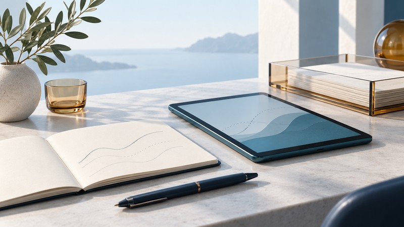 A navy digital pen rests beside a notebook and teal tablet showing matching sketch curves, with a glass export tray.