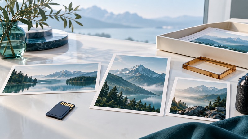 Landscape prints in three shapes lie beside a memory card, print tray, and amber crop frame.