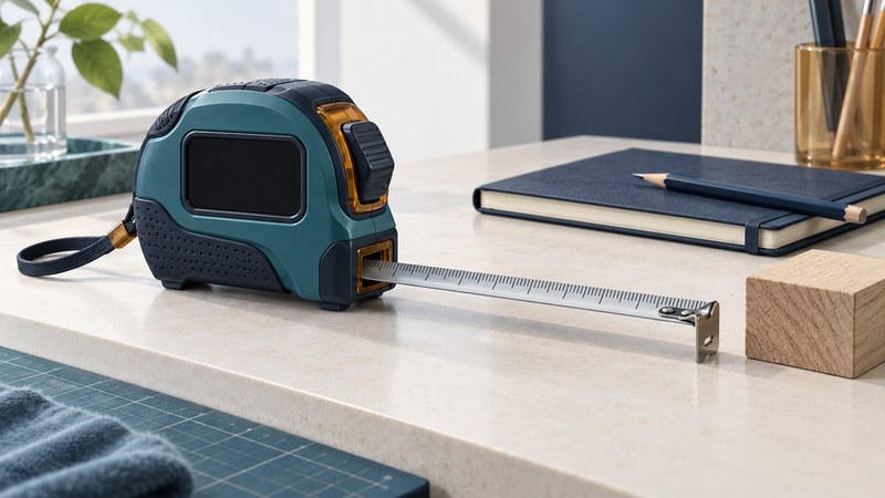 A teal digital tape measure with a blank display and short physical steel blade beside a wood block, notebook and pencil.