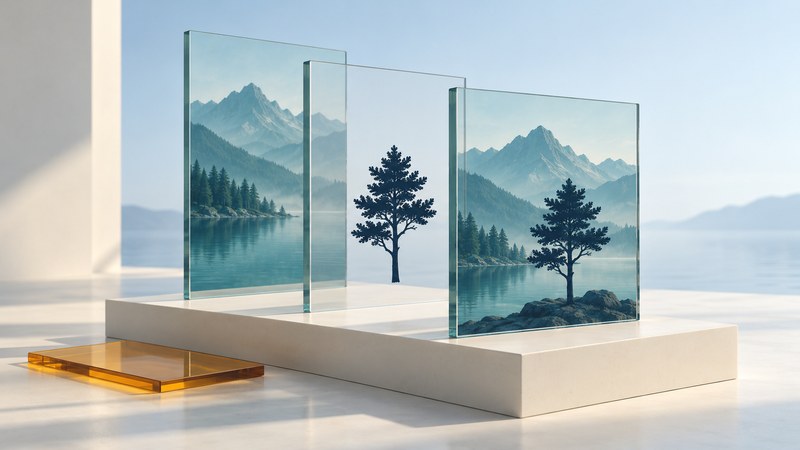Three glass panels separate a mountain background, a tree silhouette and a combined scene.