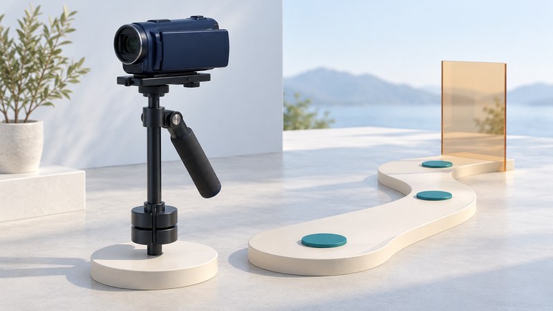 A small camcorder on a conceptual mechanical stabilizer stands beside an ivory practice path with teal markers.