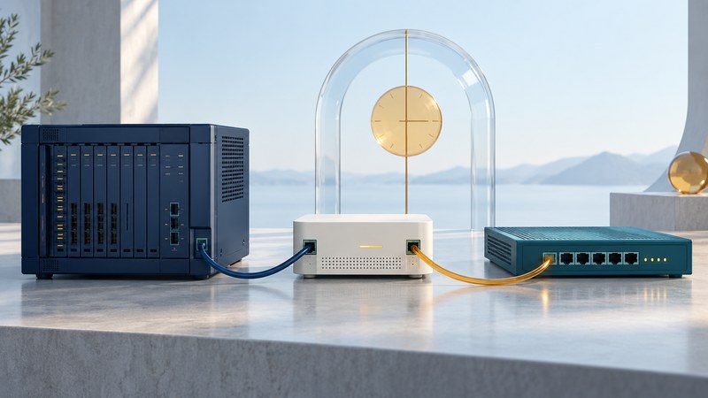 A navy PBX chassis connects through an ivory gateway to a teal network device beside a conceptual clock.