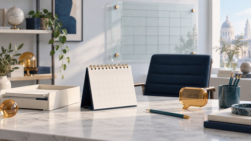 An office desk with a blank calendar, navy chair, ivory document tray, teal pencil, and amber speech-bubble sculpture.