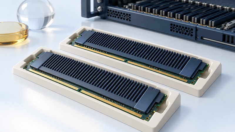 Two server memory modules with heat spreaders and gold edge contacts