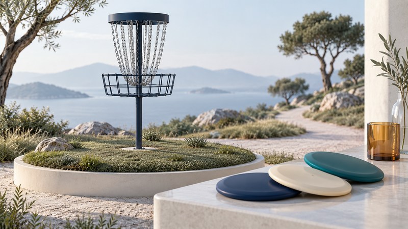 A disc-golf basket with hanging chains and a lower wire tray stands beside three plain colored discs.