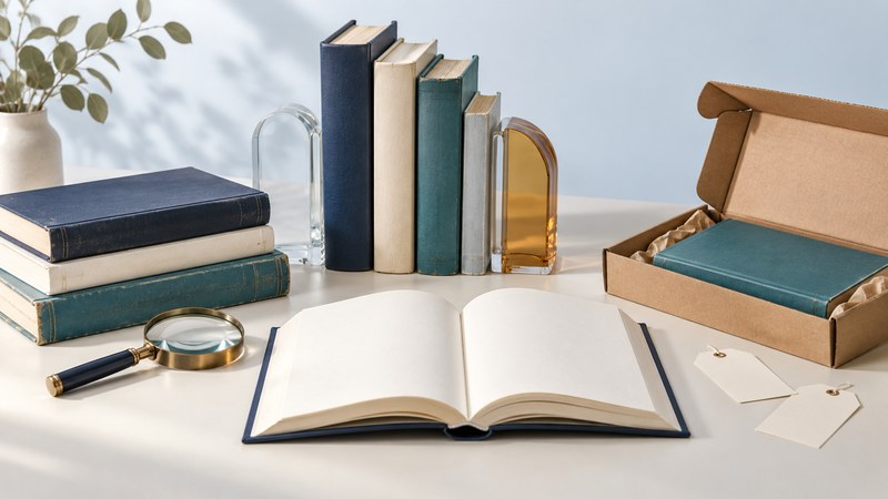 Navy and teal books, an open book, a magnifying glass, and a book mailer beside blank price tags.