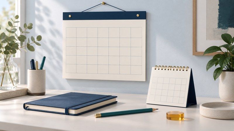 A blank wall calendar and standing desk calendar beside a navy planner, teal pencil, and amber marker.
