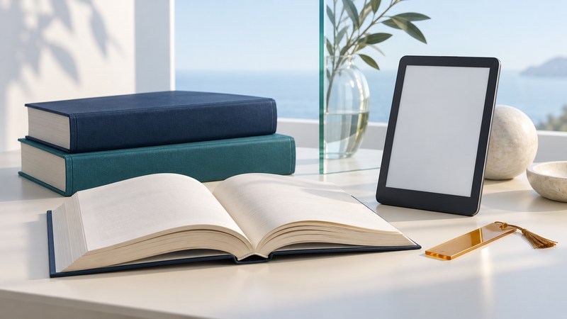 Plain textbooks, an open book, an e-reader and an amber bookmark on an ivory desk.