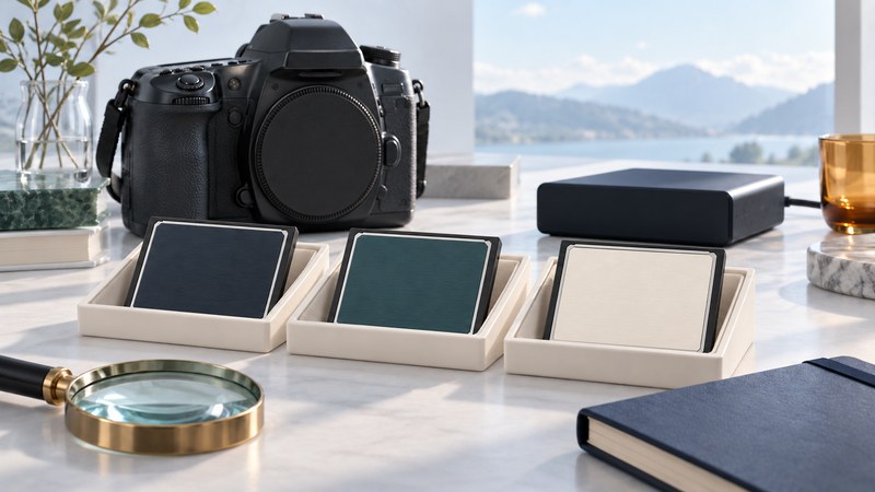 Three blank CompactFlash-style cards sit in separate trays beside an older camera, reader and notebook.