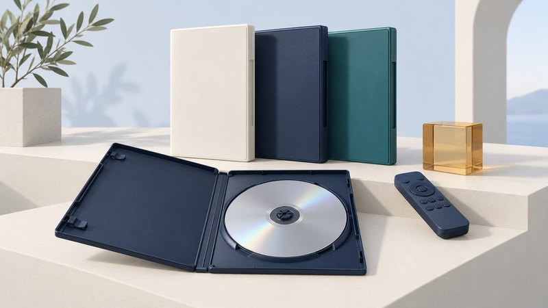 A silver disc sits in an open navy DVD case beside ivory and teal cases, a remote, and an amber glass block.