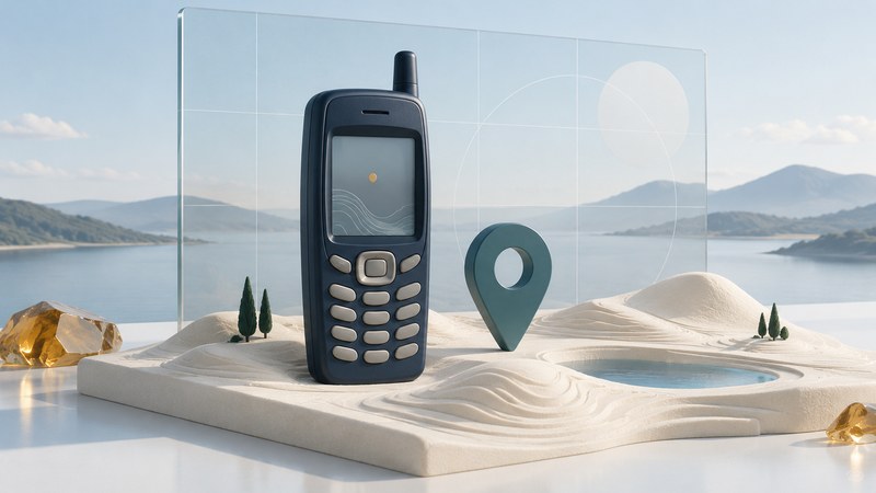 A conceptual early GPS phone beside a location pin on a pale landscape model.
