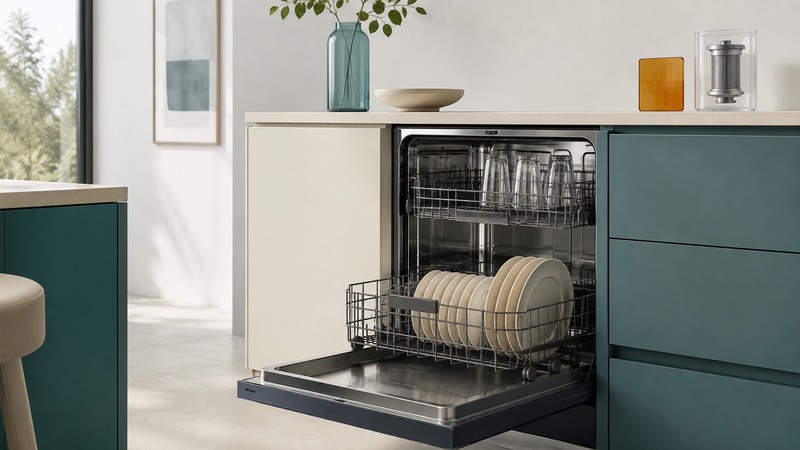 An open navy dishwasher holds separated ivory plates and clear glasses beside a removable filter displayed on the counter.