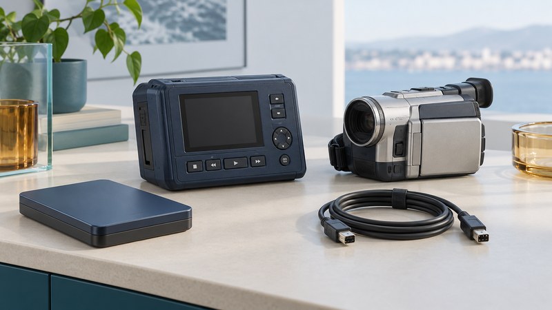 A conceptual portable video recorder, tape camcorder, disconnected cable and backup drive sit on an ivory worktop.