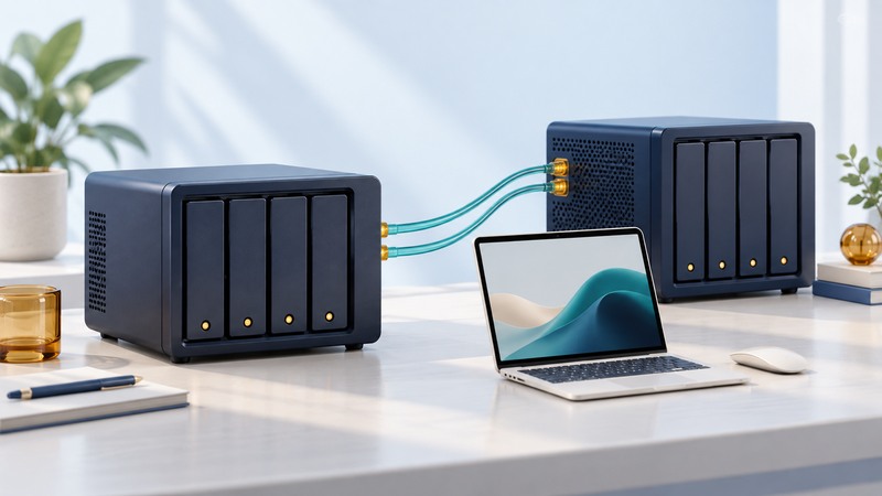 Two storage enclosures connected conceptually to a laptop by colored paths.