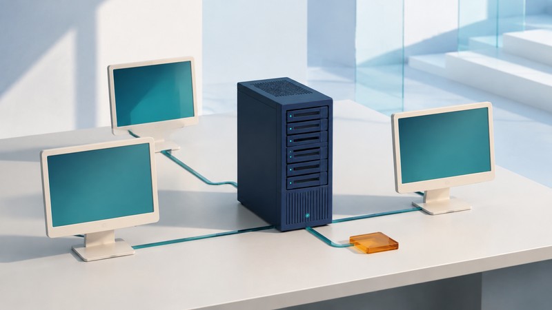 Three ivory workstations connect by teal lines to a central navy image server.