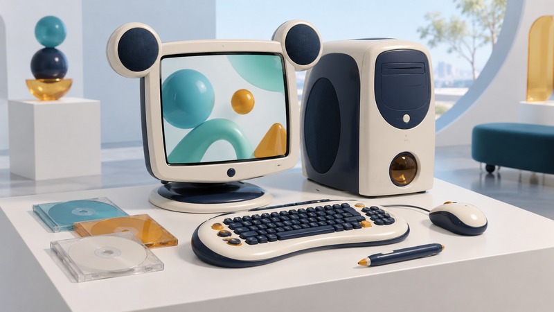 A playful desktop computer with a rounded-ear display stands beside a keyboard, mouse, and stylus.