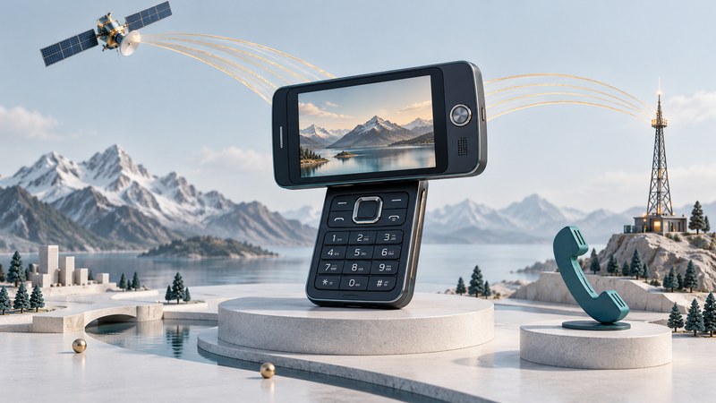 Conceptual rotating-screen television phone beside a satellite, relay tower, and separate teal telephone receiver.