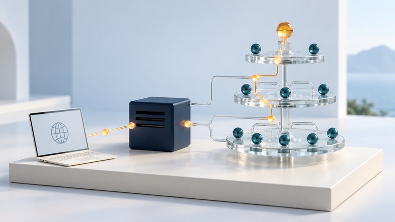 A laptop and navy resolver cube face a branching glass hierarchy with amber query markers.