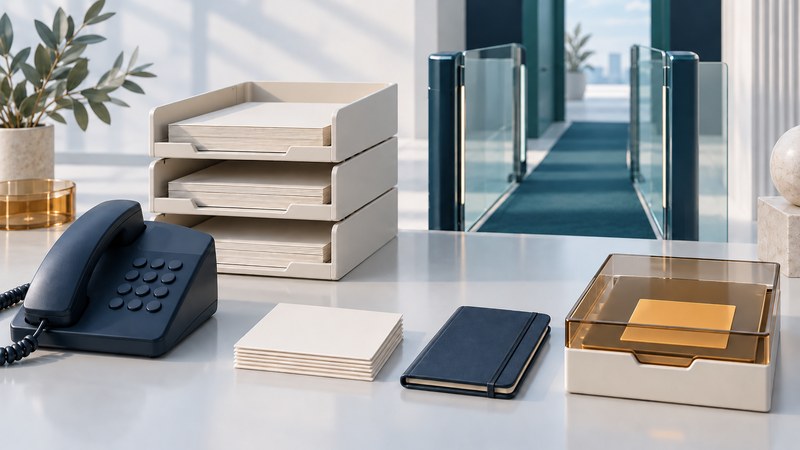 A navy telephone with blank buttons beside document trays, a glass passage, blank contact cards, and a separate amber tray.
