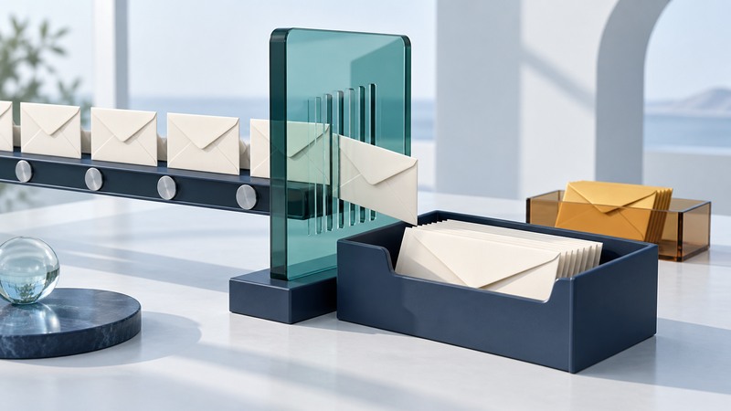 Ivory envelopes pass a teal glass filter toward a navy inbox, with amber envelopes in a separate tray.