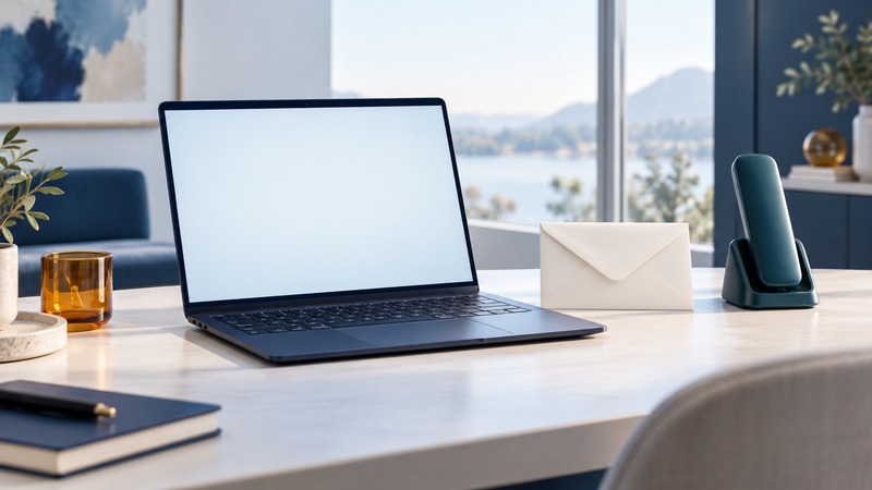 A blank laptop, ivory envelope and teal telephone on a consultation desk.