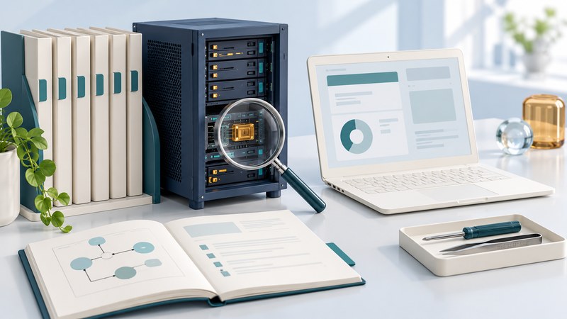 An ivory laptop and navy server stand beside reference binders and a magnifying lens.