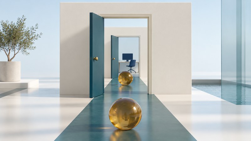 Two amber spheres follow the same teal path through successive open doorways toward a computer.