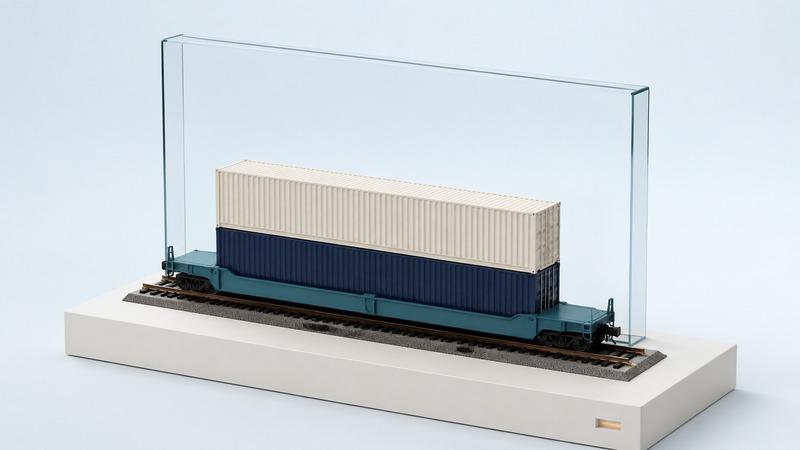 Two aligned containers sit in a teal well railcar beneath a tall glass clearance frame on an ivory plinth.