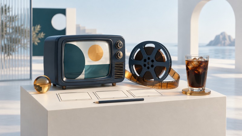 A vintage-style television, film reel, blank storyboard and glass of cola on an ivory desk.