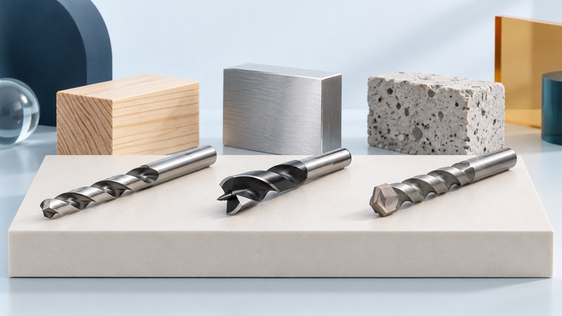 Three drill bits displayed beside separate samples of wood, metal and masonry.