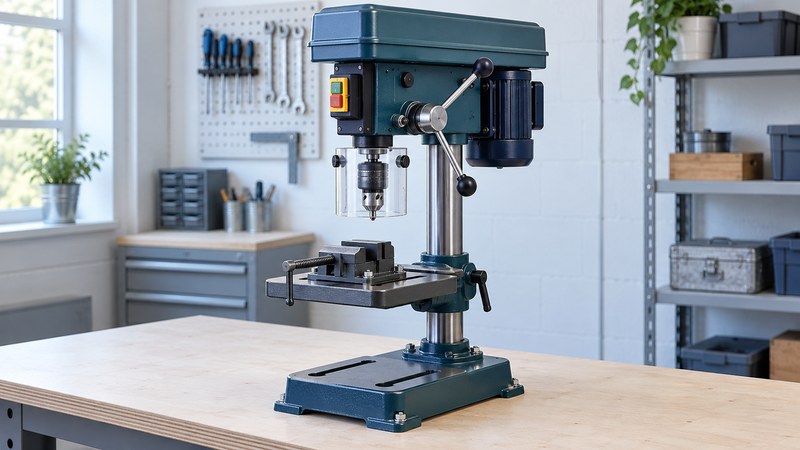 A stationary teal benchtop drill press with a clear chuck shield and a bolted drill vise on its table.