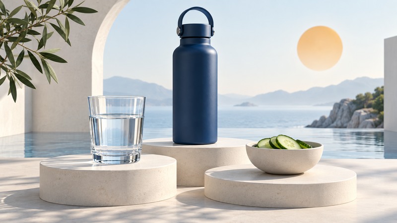 A clear water glass and navy refillable bottle stand beside a small bowl of cucumber slices.
