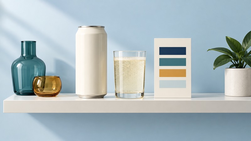 An unlabeled ivory can, sparkling drink and abstract comparison card stand on a pale shelf.