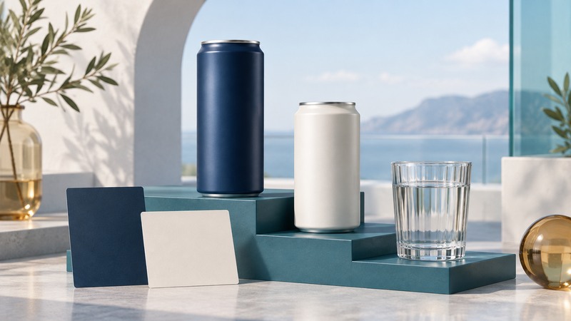 Two unlabeled beverage cans and blank comparison cards stand beside a glass of water.