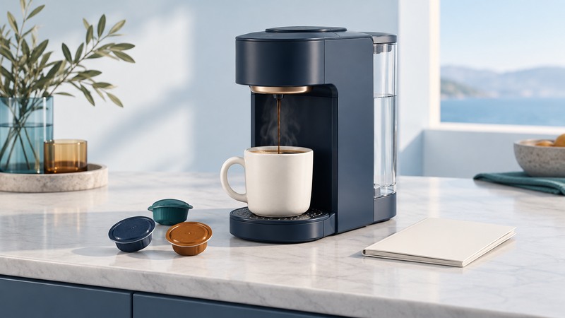 A generic navy single-serve brewer, ivory mug, beverage pods and blank care booklet.