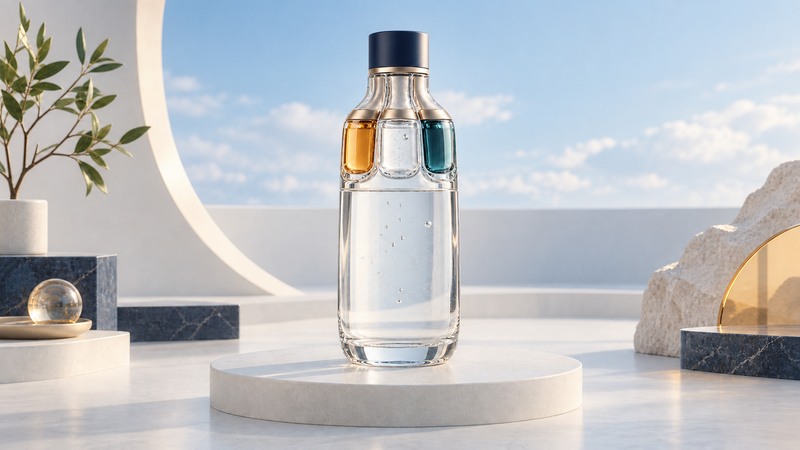 A conceptual clear beverage bottle has separate small additive chambers near its neck.