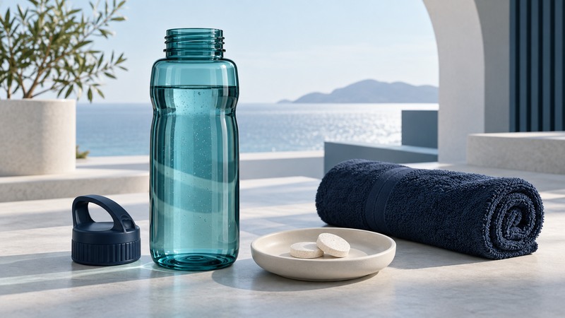 An open teal sports bottle stands beside tablets on a small dish and a folded navy towel.