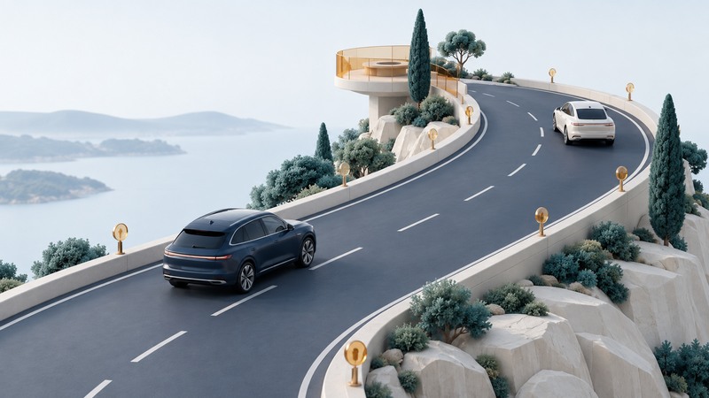 Two cars with a generous gap on a miniature curved road with roadside observation markers.