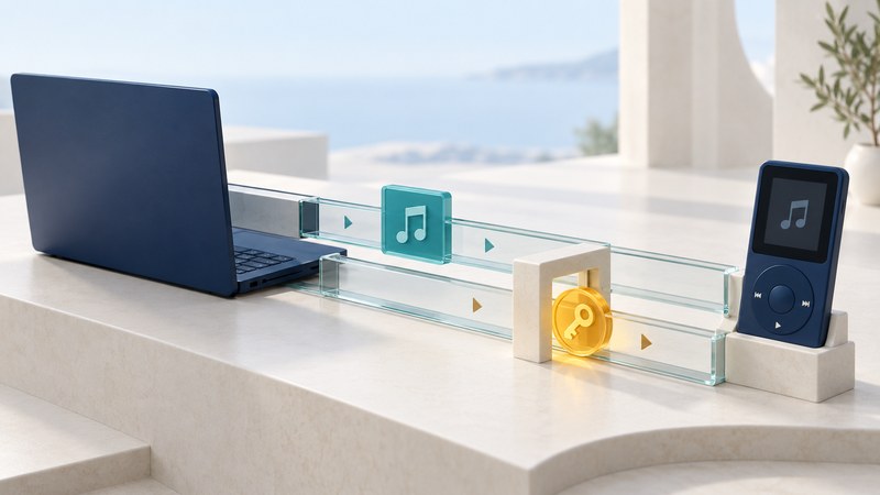A laptop and portable media player connect through separate glass channels carrying a teal media tile and an amber permission token.
