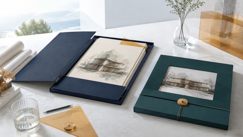 An open navy project folder sits beside a closed teal delivery portfolio and a glass preview panel.