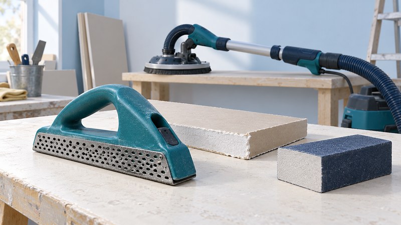 Illustration of a hand rasp and sanding block beside a gypsum-board offcut, with a powered sander and extraction hose behind.