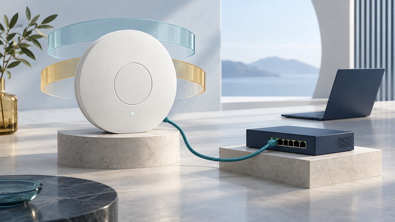 An ivory circular access point connects to a navy Ethernet switch beside two translucent frequency-band rings.