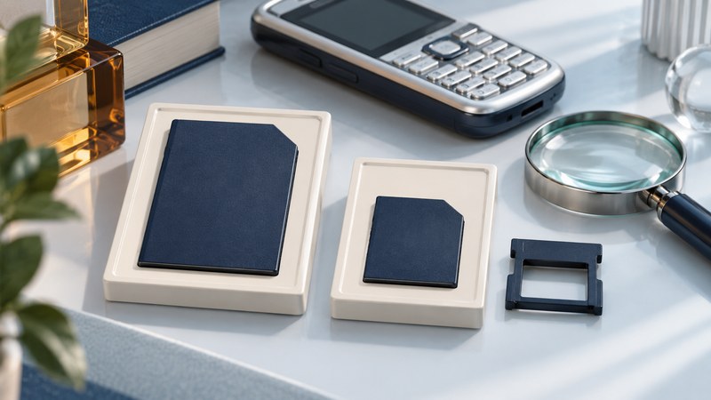 A full-size card, smaller reduced-size card and separate extension piece lie near an older phone and magnifier.