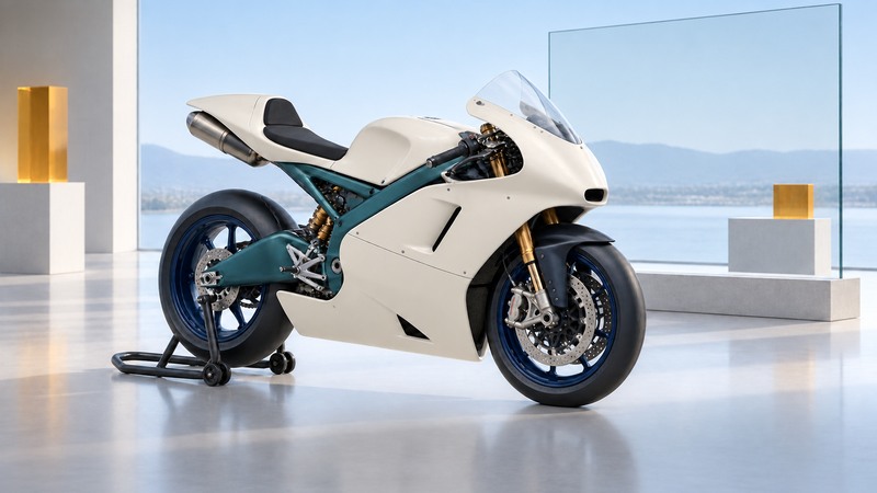 An ivory and teal prototype racing motorcycle beside a glass design panel and amber marker.